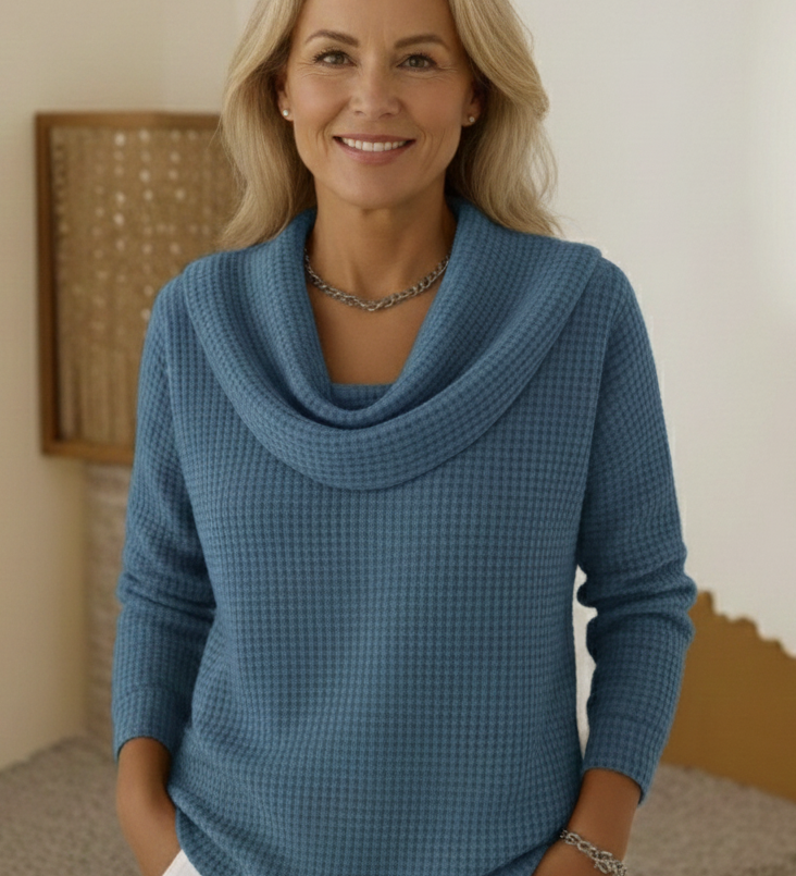 Amber | Topla Vafel Košulja s Elegantnim Vodopadnim Ovratom