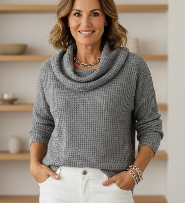 Amber | Topla Vafel Košulja s Elegantnim Vodopadnim Ovratom