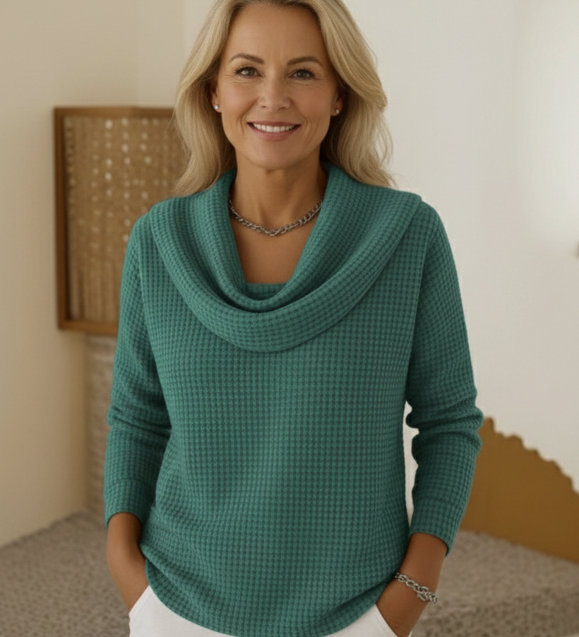 Amber | Topla Vafel Košulja s Elegantnim Vodopadnim Ovratom