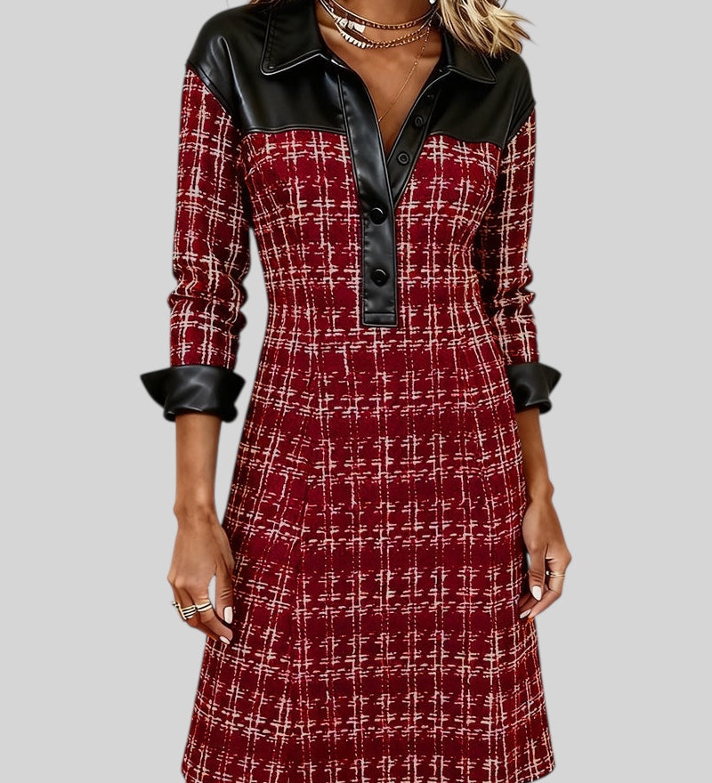 Ela | Haljina s dugim rukavima u patchwork i houndstooth uzorku