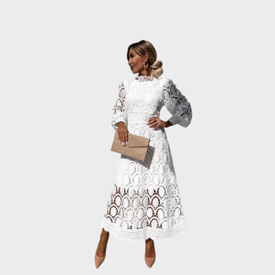Danica - Čipkasta haljina s puf rukavima i visokim ovratnikom