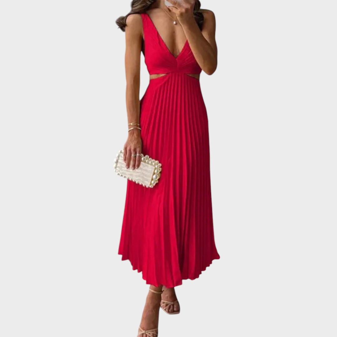 Katarina - Elegantna Haljina s V-Izrezom i Plisiranim Suknjom