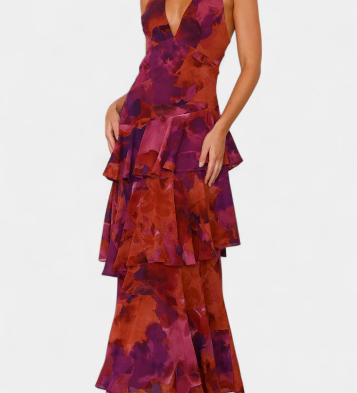 Valentina - Haljina od Chiffona s V-Izrezom i Lepršavim Rukavima