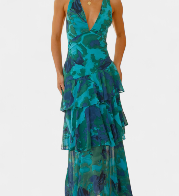 Valentina - Haljina od Chiffona s V-Izrezom i Lepršavim Rukavima