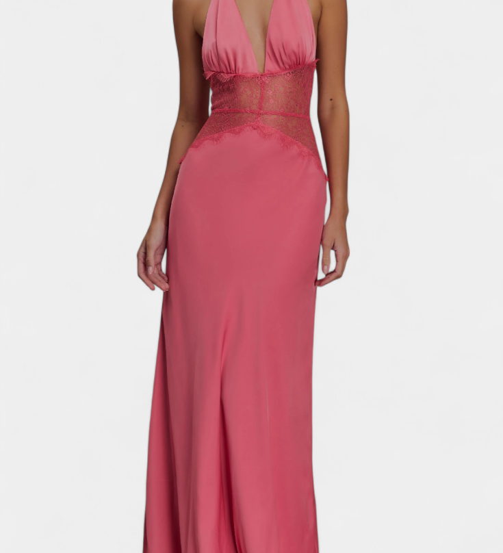 Martina Duga Haljina s Halter Izrezom i Prozirnim Čipkastim Strukom