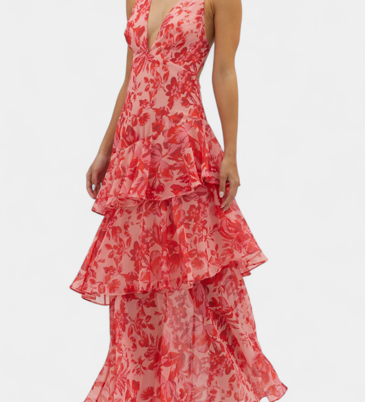 Valentina - Haljina od Chiffona s V-Izrezom i Lepršavim Rukavima