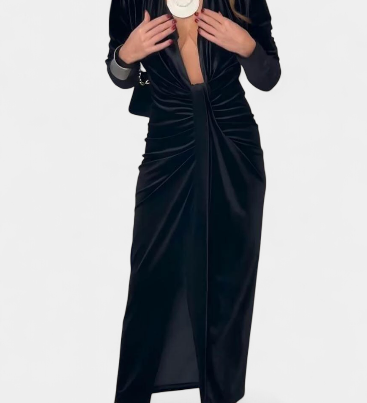 Vilma Duga Haljina od Zlatnog Baršuna s V-Izrezom