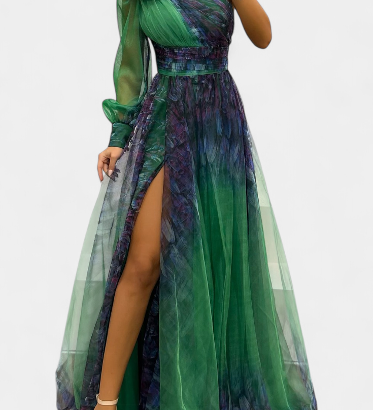 Natalija Maxi Haljina od Chiffona s Otkritim Ramenom i Voluminousom Ruzom