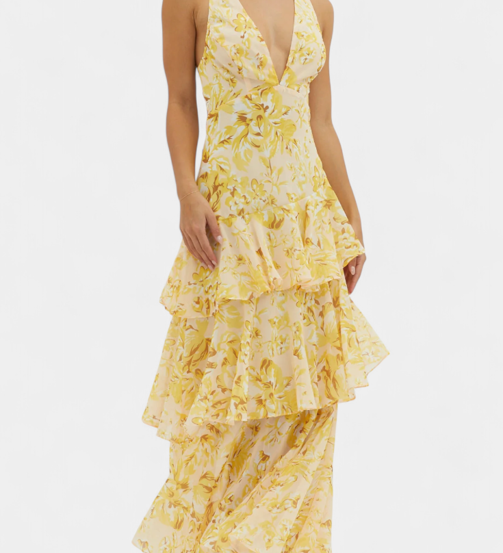 Valentina - Haljina od Chiffona s V-Izrezom i Lepršavim Rukavima