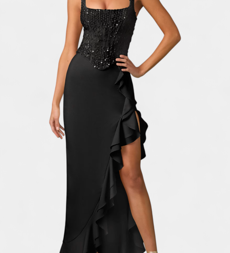 Filipa Midi Haljina s Korsetom i Asimetričnim Volanima