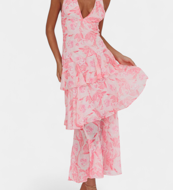 Valentina - Haljina od Chiffona s V-Izrezom i Lepršavim Rukavima