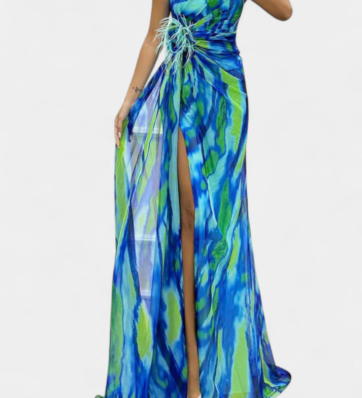 Blanka Maxi Asimetrična Haljina s Vibrantnim Uzorkom