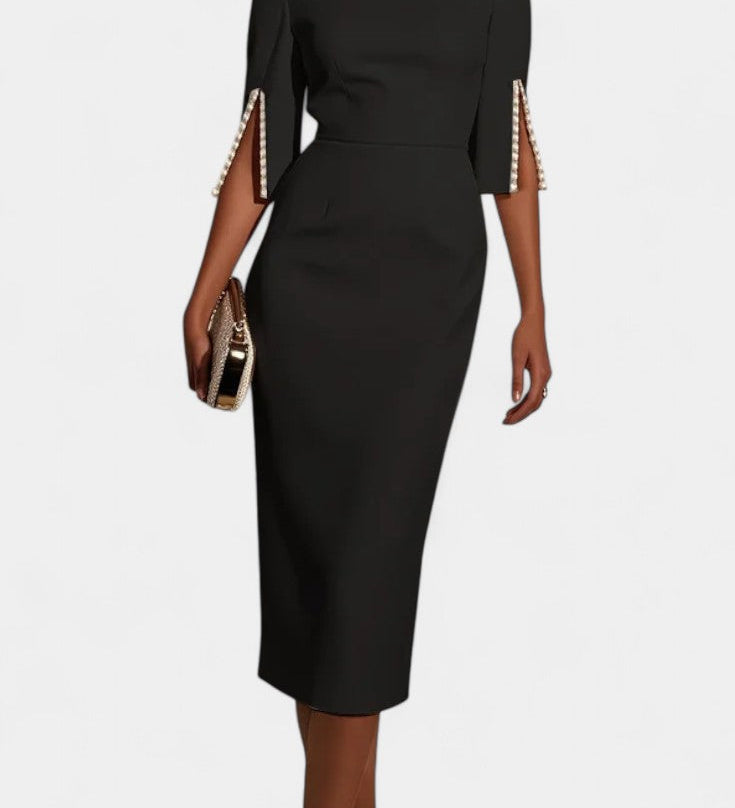 Vesna Midi Haljina s Bisernim Detaljima i Okruglim Izrezom